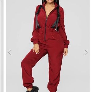 Buckle down jump suit- burgundy.